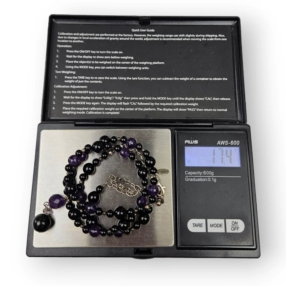 GENUINE Amethyst Beaded Necklace Black Glass Y Pendant 925 Sterling Silver 16.5